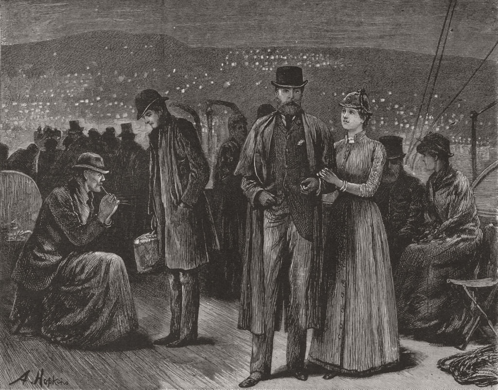 SOCIETY. People on board a ship. Bowler hat. Couple 1885 old antique print